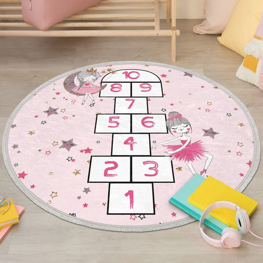 Numbers Printed Kids Room Decorative Circle Rug, Pink Girls Room Area