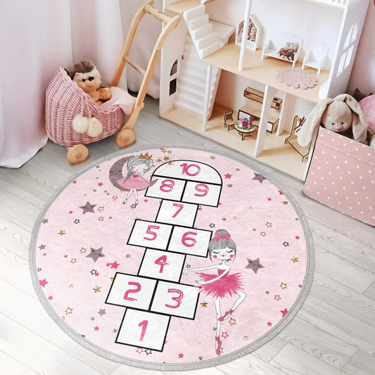 Numbers Printed Kids Room Decorative Circle Rug, Pink Girls Room Area