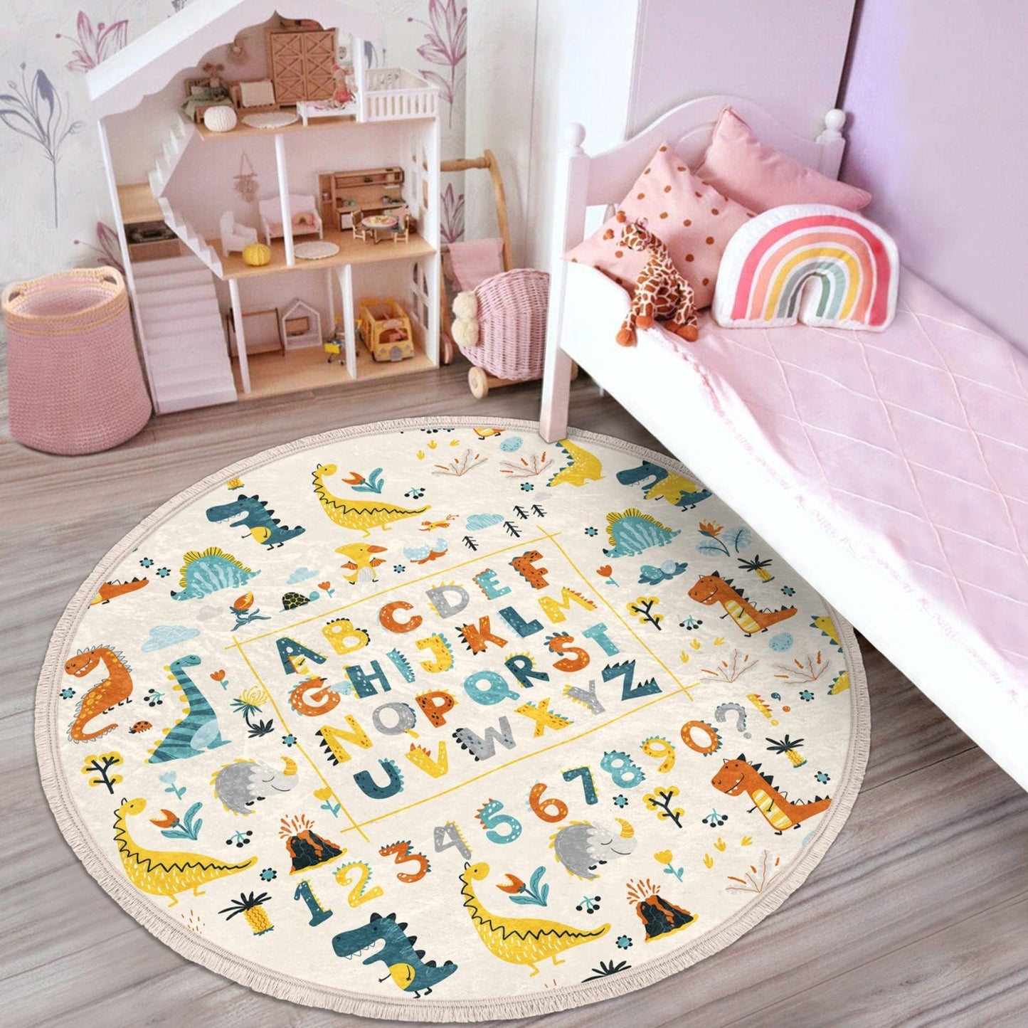 Letters and Numbers With Dinosaurs Print Kids Room Round Rug, Nonslip