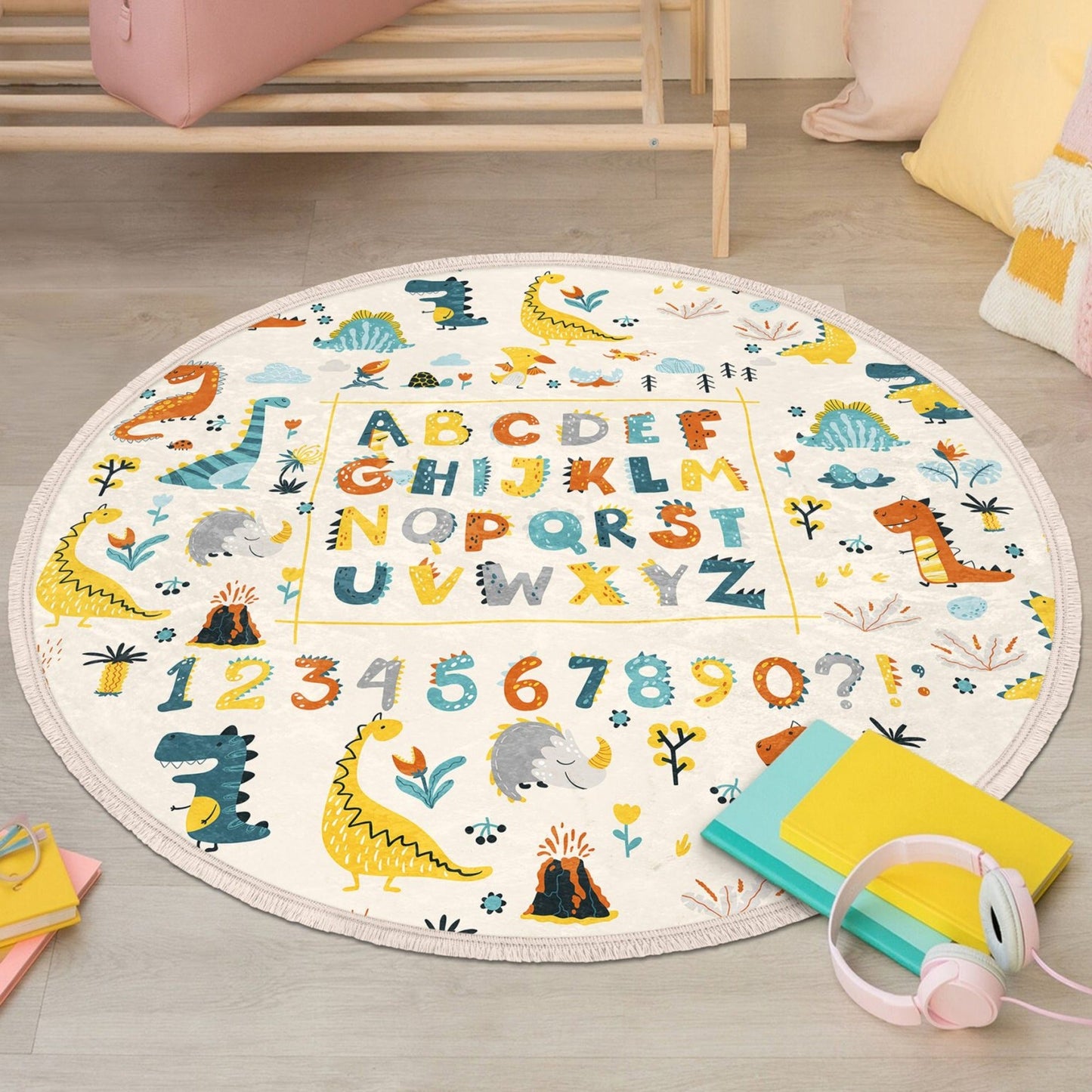 Letters and Numbers With Dinosaurs Print Kids Room Round Rug, Nonslip