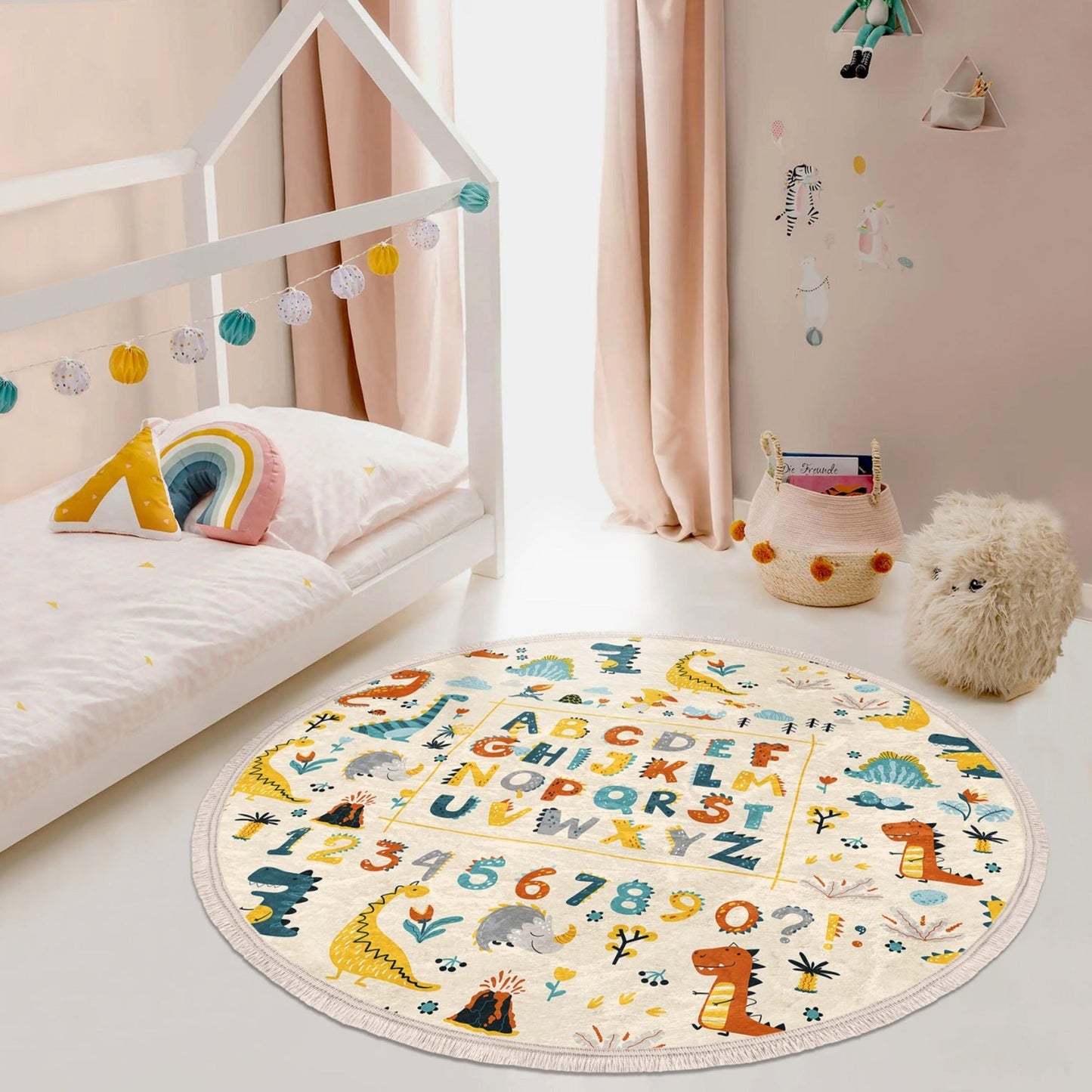 Letters and Numbers With Dinosaurs Print Kids Room Round Rug, Nonslip