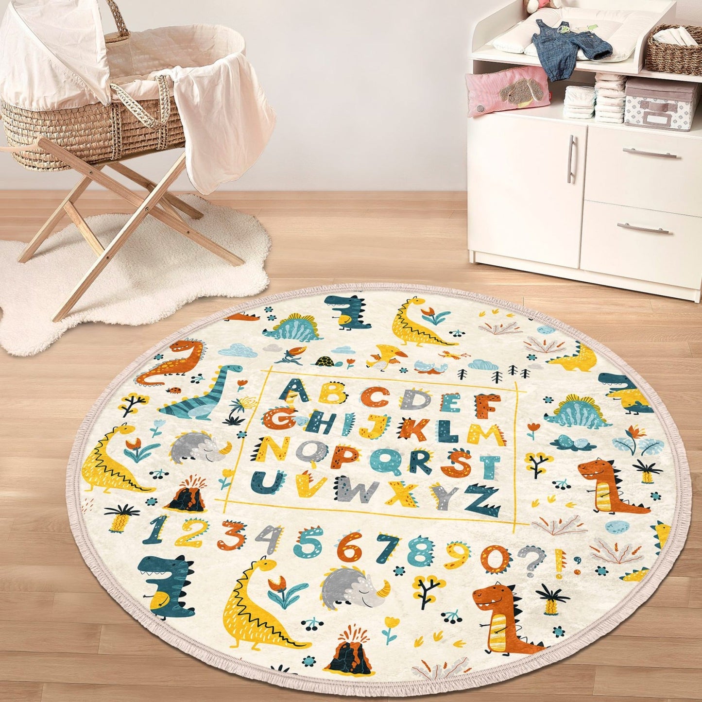 Letters and Numbers With Dinosaurs Print Kids Room Round Rug, Nonslip