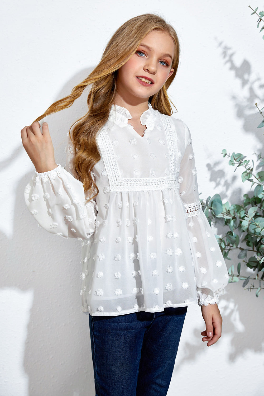 Kids Swiss Dot Spliced Lace Notched Blouse