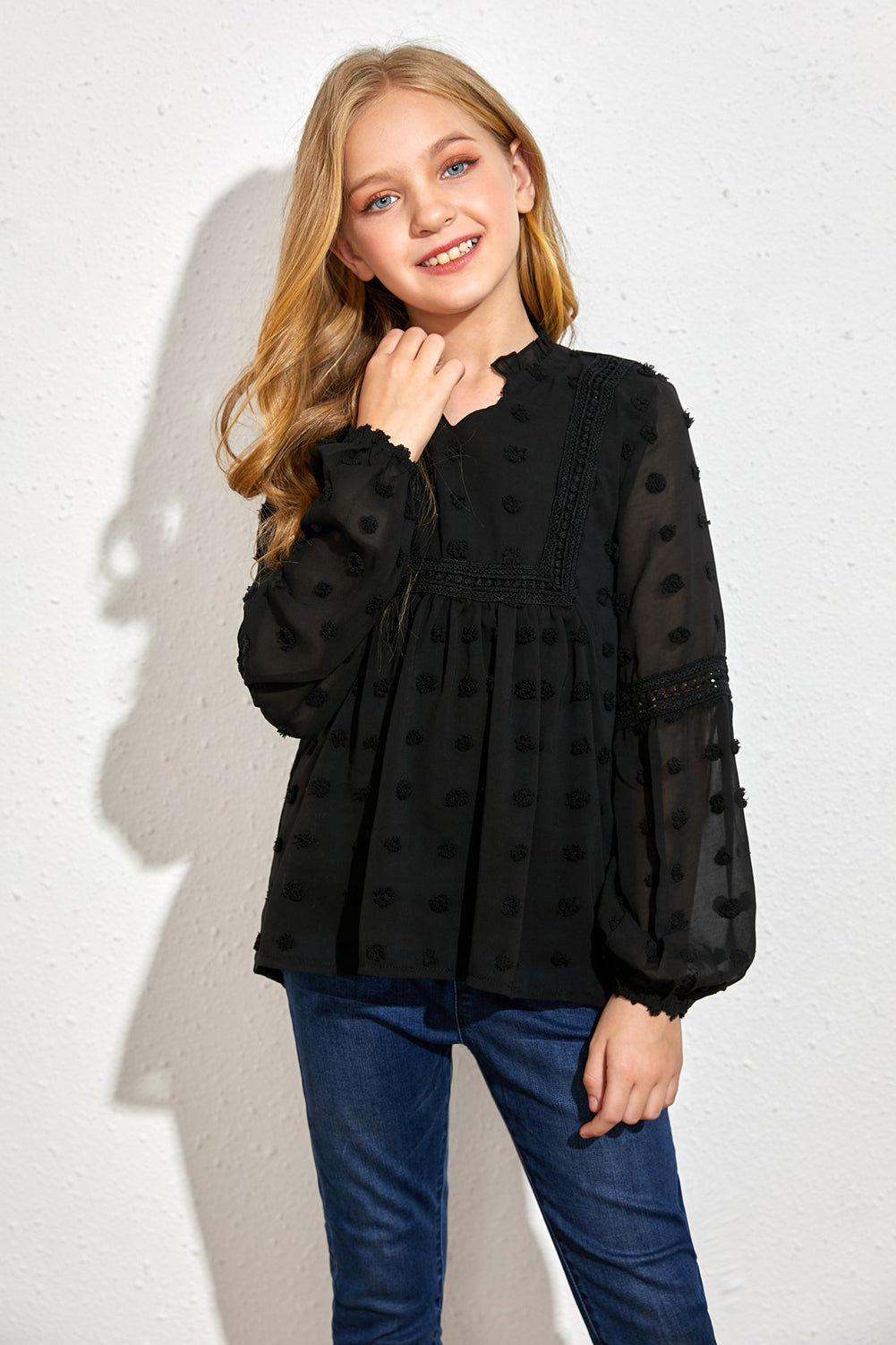 Kids Swiss Dot Spliced Lace Notched Blouse