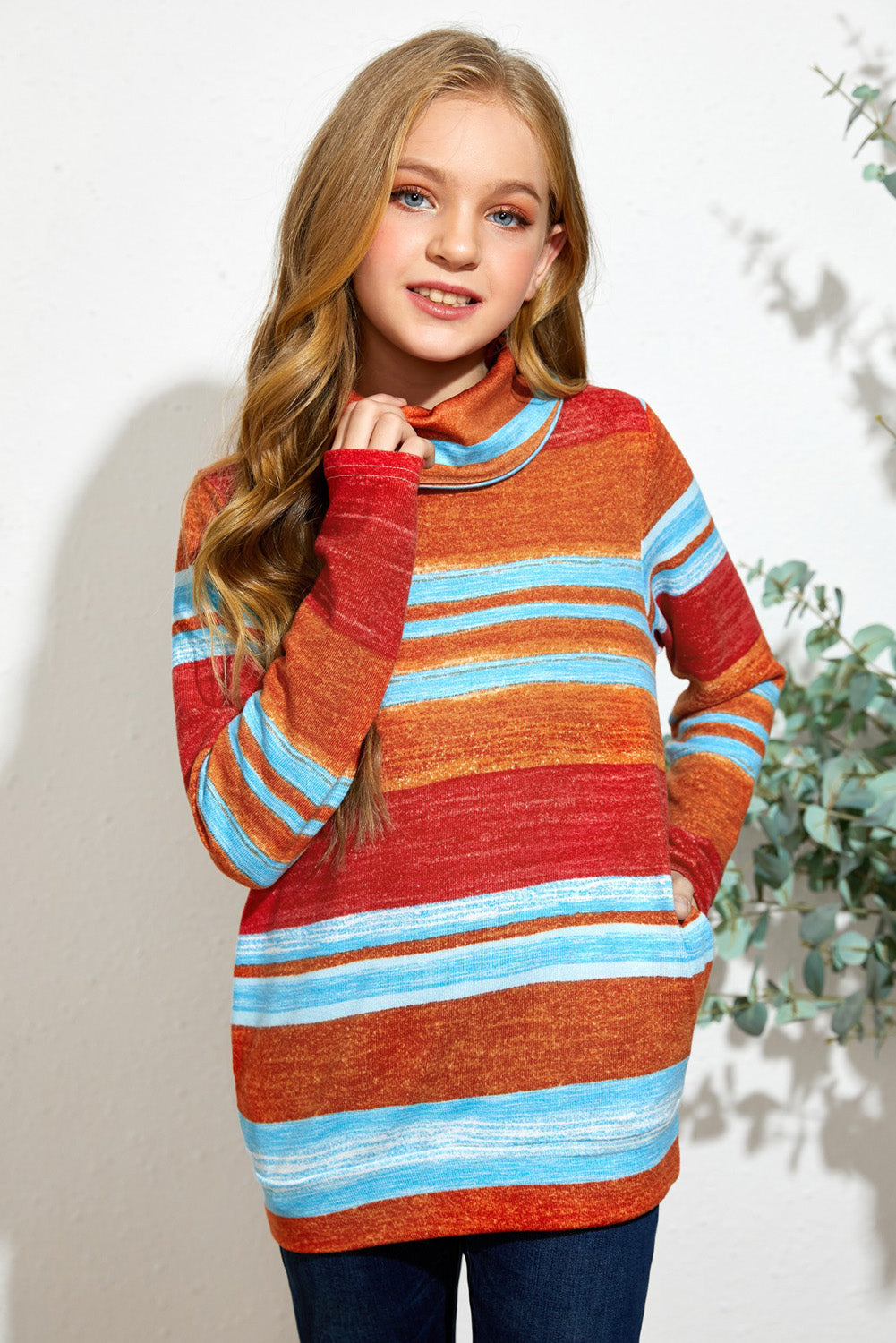 Kids Striped Cowl Neck Top with Pockets