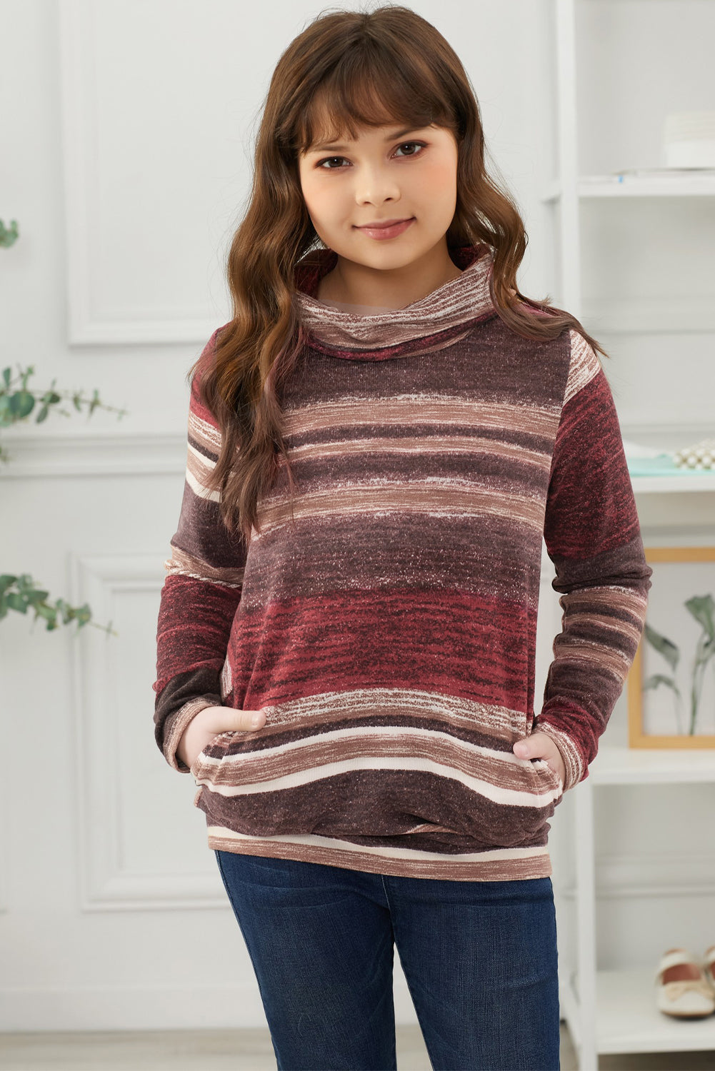 Kids Striped Cowl Neck Top with Pockets