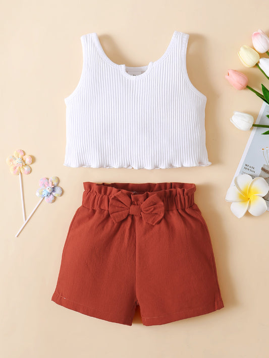 Girls Ribbed Notched Top and Bow Detail Shorts Set