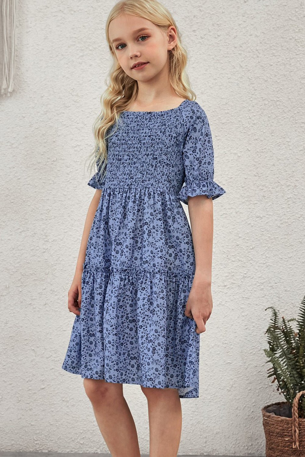 Kids Printed Smocked Flounce Sleeve Dress