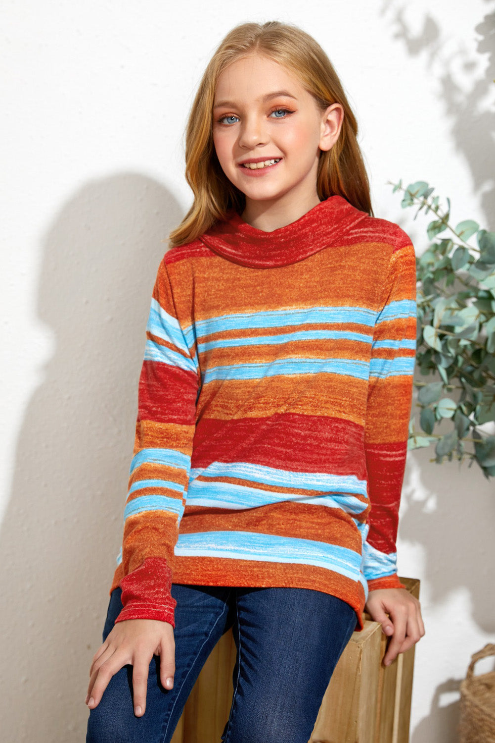 Kids Striped Cowl Neck Top with Pockets