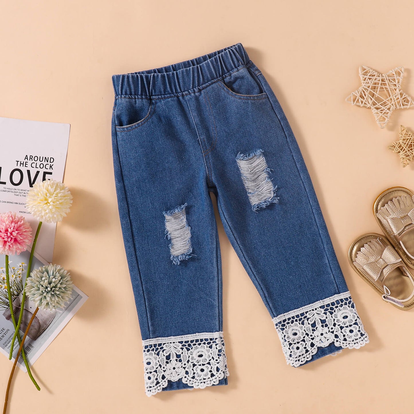 Girls Floral Top and Lace Trim Jeans Set