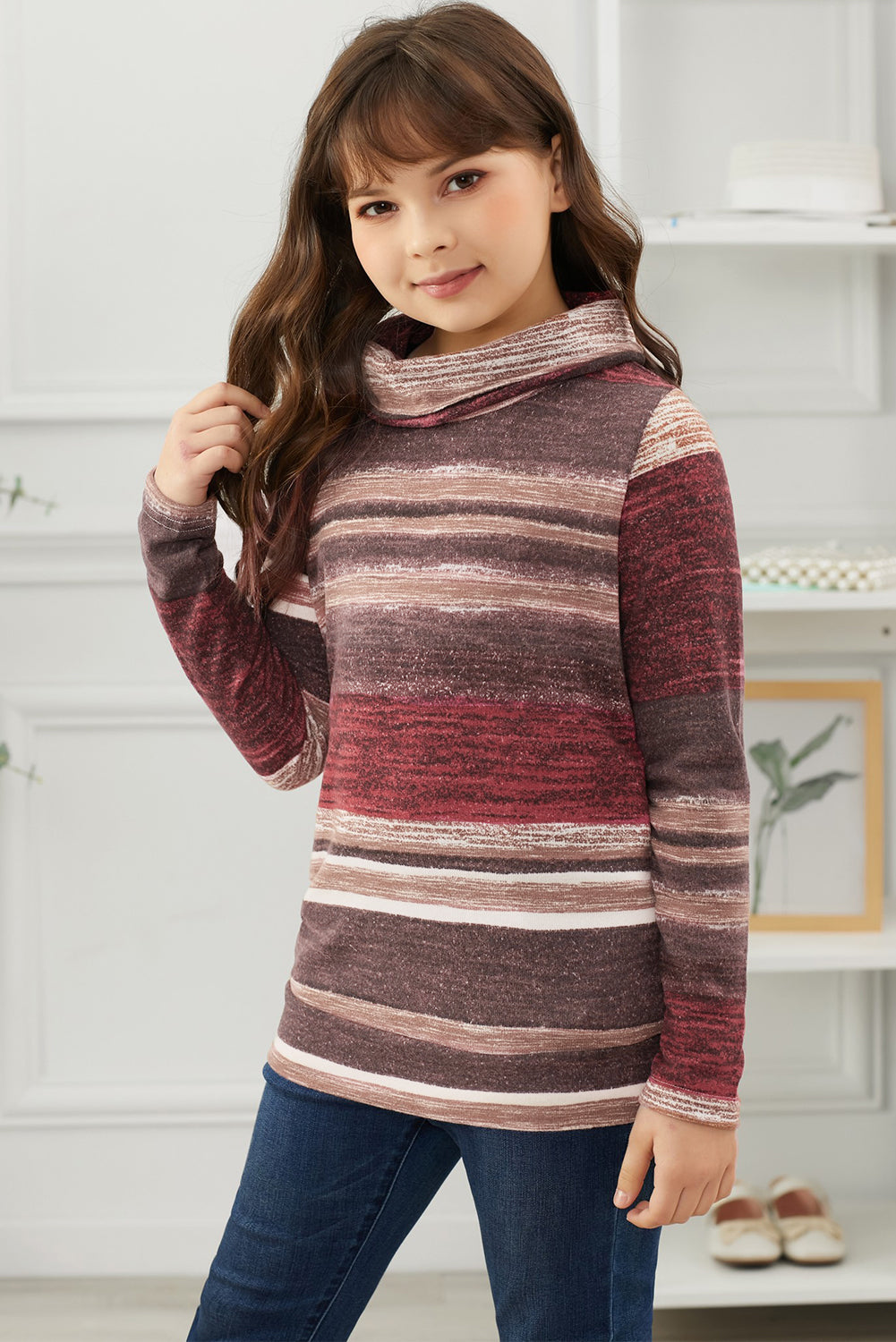 Kids Striped Cowl Neck Top with Pockets