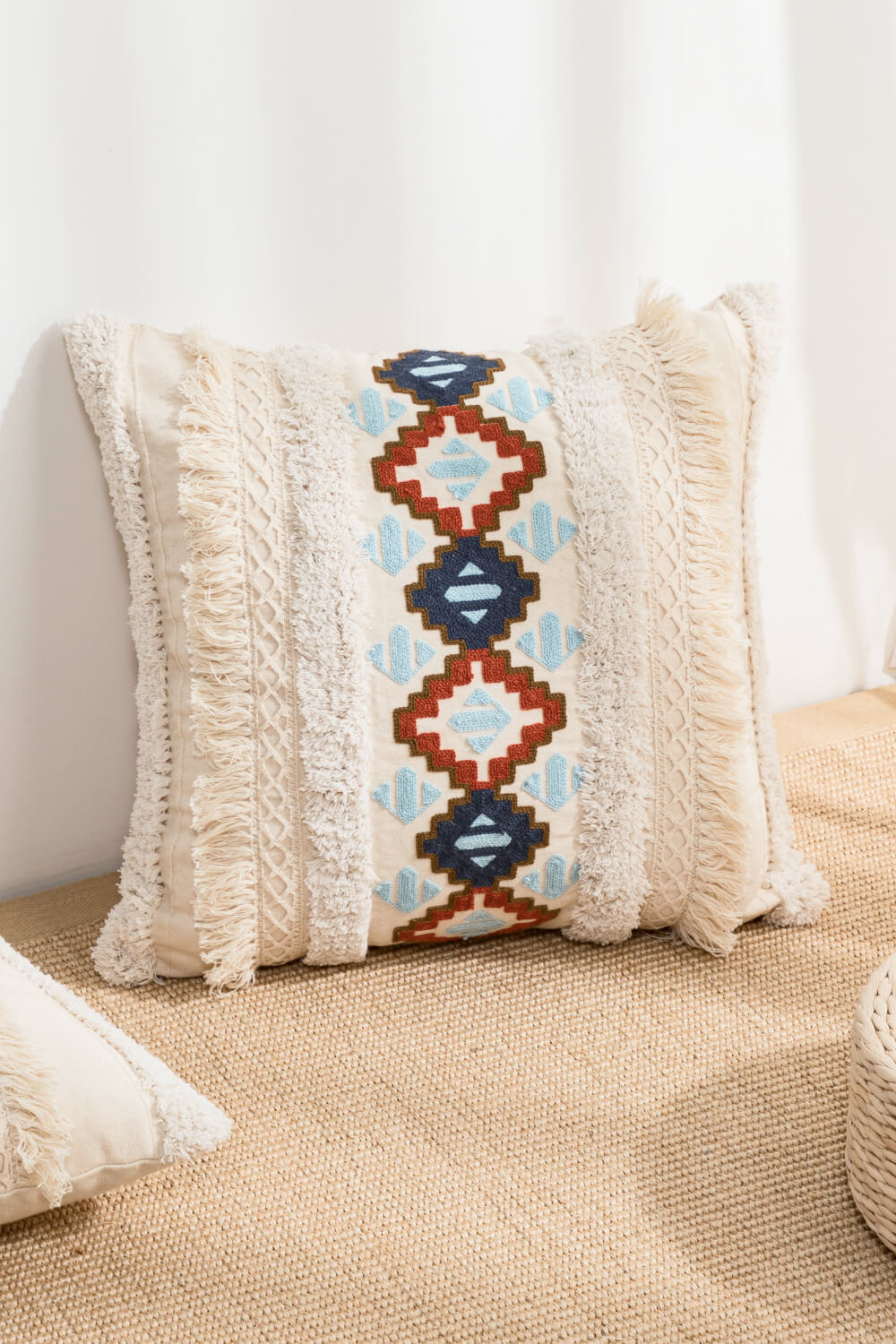 Lumbar Pillow with Embroidered Pattern & Tassels