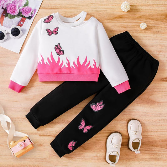 Butterfly Print Round Neck Long Sleeve Top and Pants Set