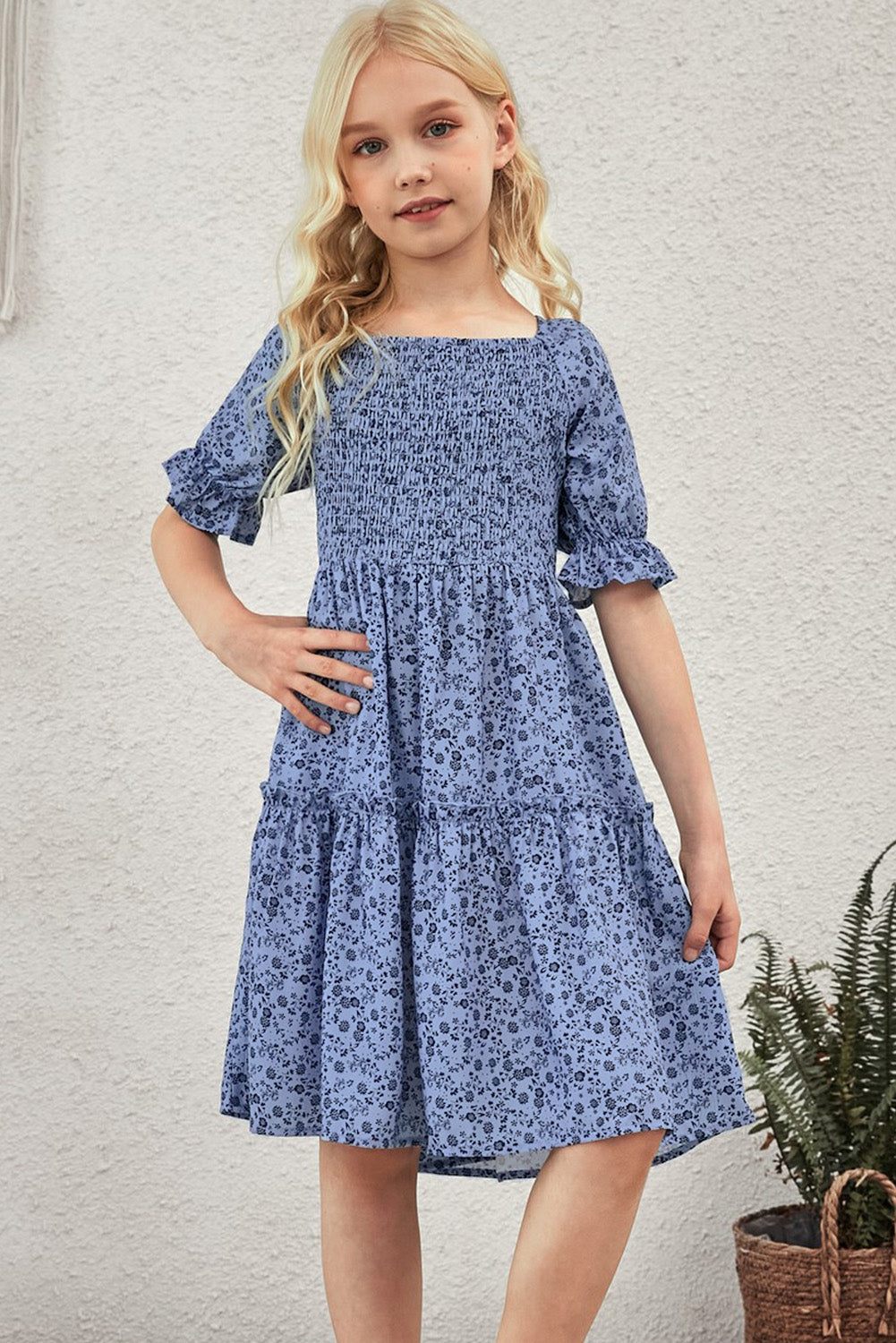 Kids Printed Smocked Flounce Sleeve Dress