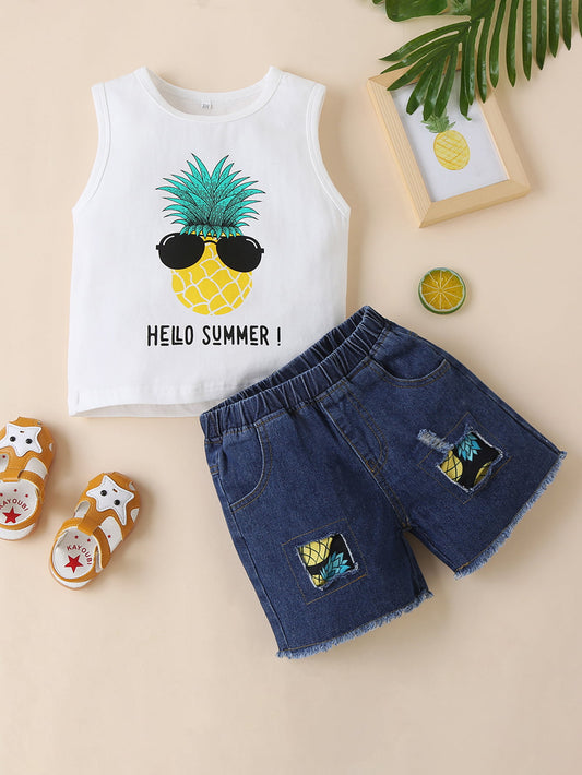 HELLO SUMMER Pineapple Graphic Top and Raw Hem Denim Shorts Set