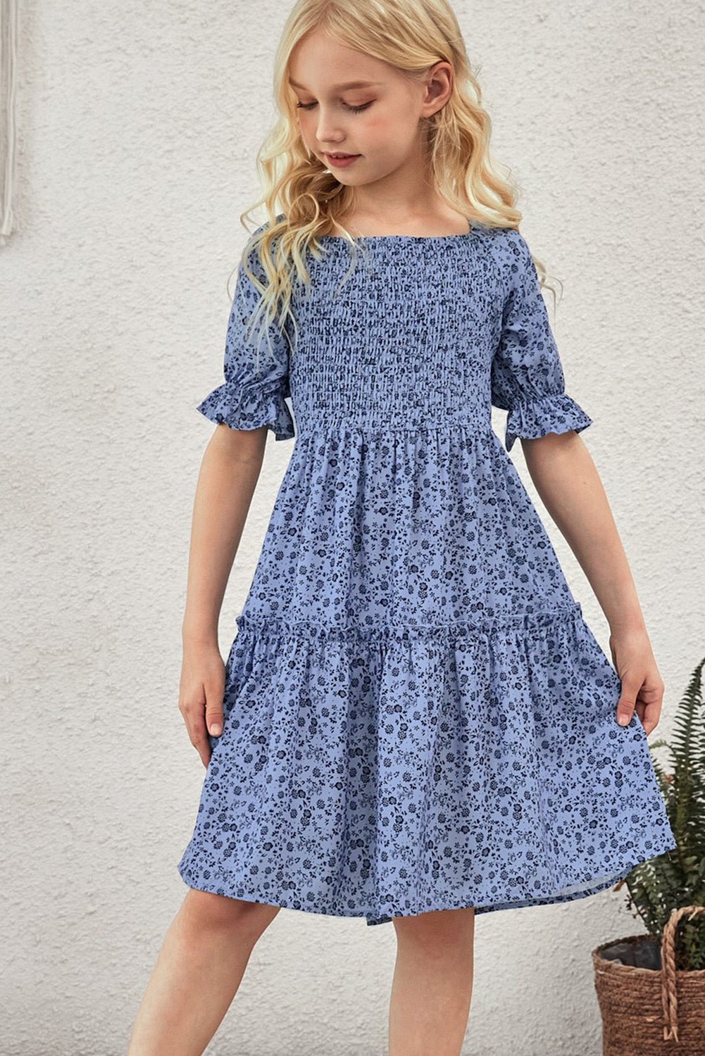 Kids Printed Smocked Flounce Sleeve Dress