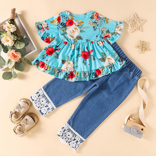 Girls Floral Top and Lace Trim Jeans Set